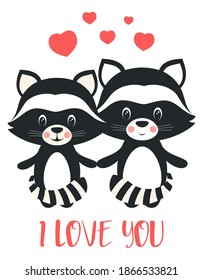 valentinees day, funny illustration with couple of raccoons in love, character design in cartoon style for cards or print