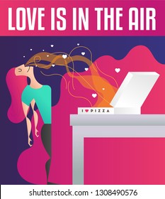 Valentine/Love Food Concept. Vector illustration of a girl and pizza box. Girl smelling pizza. Foodie Vector. Love is in the air