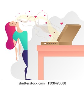 Valentine/Love Food Concept. Vector illustration of a girl and pizza box. Girl smelling pizza. Foodie Vector.