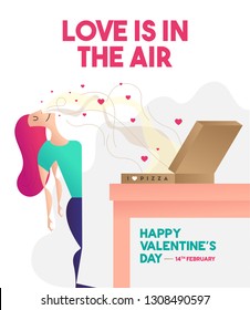 Valentine/Love Food Concept. Vector illustration of a girl and pizza box. Girl smelling pizza. Foodie Vector. Love is in the air