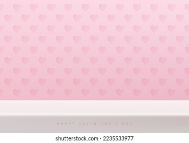 Fondo de San Valentín 3D con una escena mural de patrones de corazón rosa pastel. Podio blanco o mesa de escritorio para la presentación del producto de simulación. Escena mínima en la pared. Formas geométricas de representación vectorial.