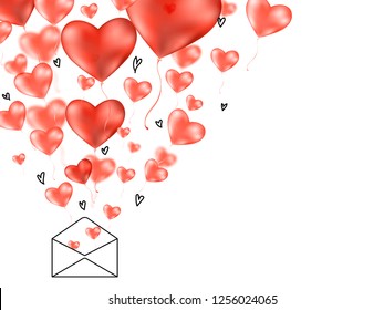 Valentines 3d hearts with envelope  postcard. Realistic balloons. Vector symbols of love in shape of heart for Happy Women's, Mother's, Valentine's Day, birthday greeting card design