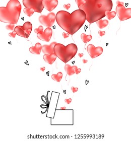 Valentines 3d hearts with gift box postcard. Realistic ballons on white background. Vector symbols of love in shape of heart for Happy Women's, Mother's, Valentine's Day, birthday greeting card design