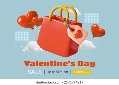 Valentines 3d shopping bag with heart gift tag and balloons. Holiday sale banner or discount coupon design. Vector illustration.