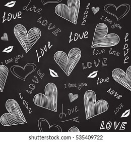 Valentine's abstract vector seamless pattern with handwritten hearts and words of love, chalk on blackboard effect