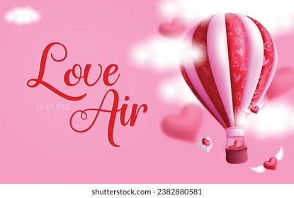 Diseño vectorial de globo de aire de San Valentín. El amor está en el texto del saludo en el aire con globo caliente flotando y carta de amor volando en el fondo del cielo. Tarjeta de invitación del día del corazón de la ilustración del vector.
