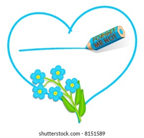 A valentines or all year round love note decorated with Forget-me-not flowers. A light blue color pencil draw a heart and is now drawing an underline for your own text.