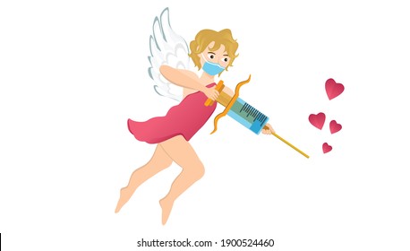 Valentine's angel with covid-19 vaccine syringe. Cupid with protective mask during the coronavirus pandemic. Humorous cherub.
