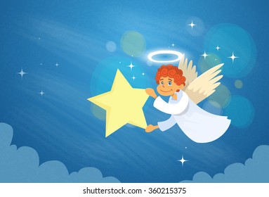 Valentine's Angel Cupid Flying Sky Hold Star Saint Valentine Holiday Vector Illustration
