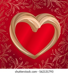 Valentines background, abstract golden heart on red. Golden floral frame. Vector illustration.