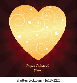 Valentine's background with big gold heart with ornament on dark phone with rays