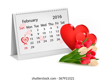 Valentine's background with a calendar, hearts and tulips. Vector.