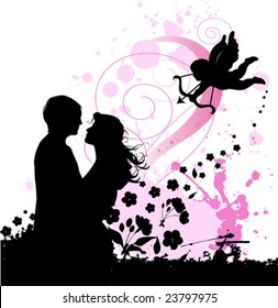 Valentine's background with cupid and couple in love. Urban City Party, vector images scale to any size.