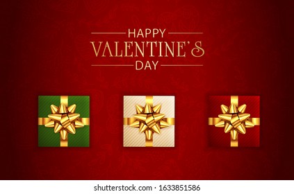 Valentines background with floral elements, hearts and gifts with golden bow. Gold lettering Happy Valentine's Day. Illustration can be used for holiday design, poster, cards, websites, banners.