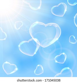 Valentines background with Hearts from soap bubbles on sky background, illustration. 