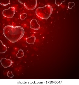 Valentines background with Hearts from soap bubbles in corner on red background, illustration. 