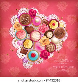 Valentines background with heart-shaped napkin and sweets.