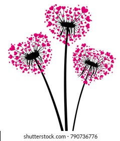 Valentine's background with love dandelions with pink hearts. Vector illustration.