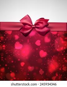 Valentine's background with magenta bow and defocused hearts. Vector illustration.