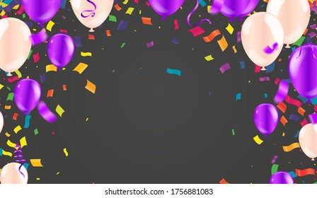 Valentines Background With Many Falling Purple Confetti.And balloon Purple Celebration Decoration. Concept