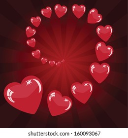 Valentine's background with many hearts on red phone with rays