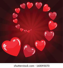 Valentine's background with many hearts on red phone with rays