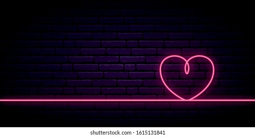 Valentine's background with neon pink heart one line on dark background. Bright lighting love heart. Valentine's day vector horizontal banner.