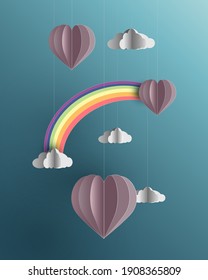 El estilo de San Valentín de artesanía de fondo con forma de arco iris y nubes.