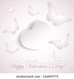 Valentines background with paper heart and butterflies, illustration.