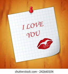 Valentine's background. Paper with lips on wood texture. EPS10 vector