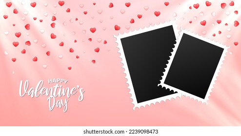 Valentines Background With Photo Frame. Happy Valentine Day Billboard, Greeting Card, Social Media Design, Typography Design Template. 14 February Love Day Banner Design