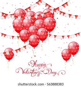 Valentines background with red balloons in the form of heart, pennants and confetti, lettering Happy Valentines Day, illustration.