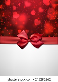 Valentine's background with red bow and defocused hearts. Vector illustration. 