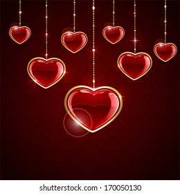 Valentines background with red hanging hearts, illustration.