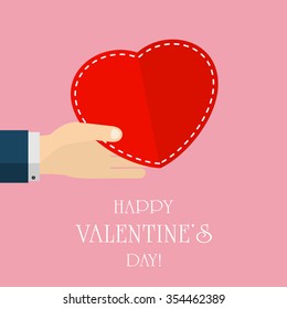 Valentines background with red heart in the male hand, illustration.