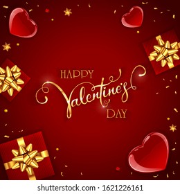 Valentines background with red hearts, gifts with golden bow and shiny stars. Gold lettering Happy Valentine's Day. Illustration can be used for holiday design, poster, cards, websites, banners.