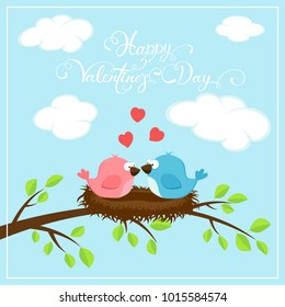 Valentines background with red hearts and two loving birds on the nest. Holiday lettering Happy Valentines Day on blue sky background, illustration.