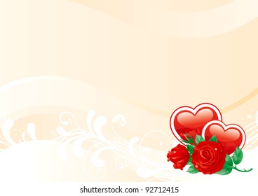 valentines  background	Red roses and two hearts on ornate background.
