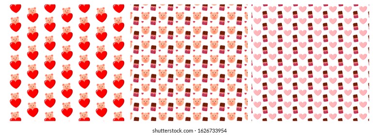 Valentines background set with chocolates, teddy bear, heart, lips 