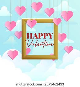 Valentine's background with several heart shapes with blue sky and clouds behind it