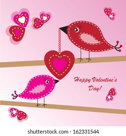 Valentine's background with two birds, hearts and butterfly on pink phone