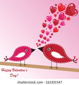 Valentine's background with two birds and hearts on pink phone