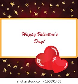 Valentine's background with two hearts with frame, rays and stars on dark phone