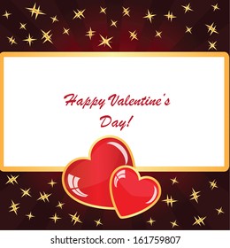 Valentine's background with two hearts with frame, rays and stars on dark phone