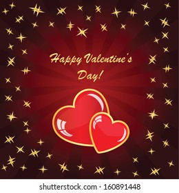 Valentine's background with two hearts on dark phone with rays and stars