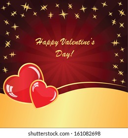 Valentine's background with two hearts on dark phone with rays, stars and waves