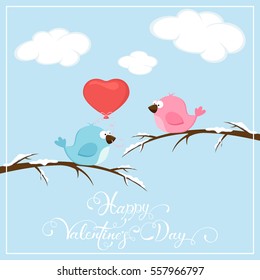 Valentines background with two loving birds on the branches and balloon in the form of heart, holiday lettering Happy Valentines Day, illustration.