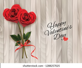 Valentine's background with two red heart shaped  roses and wooden sign. Vector illustration.