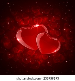 Valentines background with two red hearts and stars, illustration.