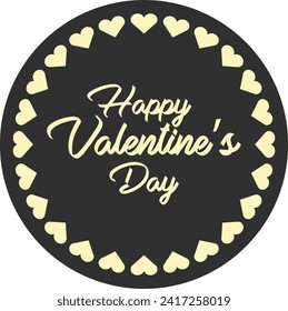 Valentine's badge in black color with round of cream colored hearts frame and cream colored text in the middle